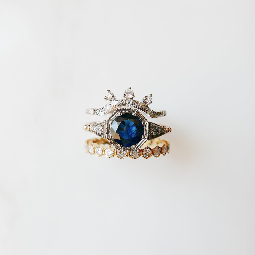 Blue Sapphire Royal Ring Set Ingrid Sapphire Ring Scattered Diamond Arc Deluxe Ring Hexagon Diamond Eternity Band 14k gold
