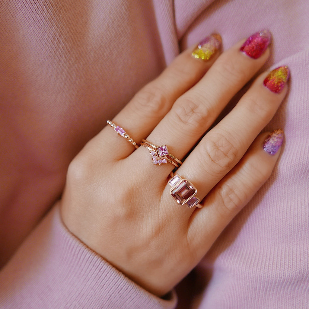 Monochromatic Chevron Ring Set, Chevron Pink Sapphire Ring, Square Bezel Pink Sapphire Ring