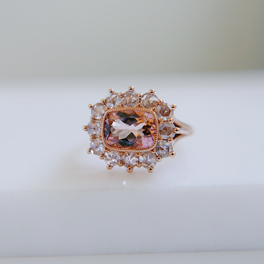 Peaches and Cream One of a Kind Tourmaline and rosecut diamond ring