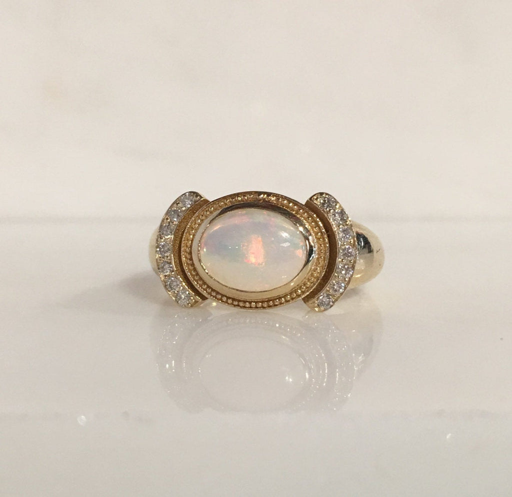 Aurora opal and diamond ring, opal and diamond ring, bezel opal ring, bezel ring, 14k gold opal ring, diamond accent ring