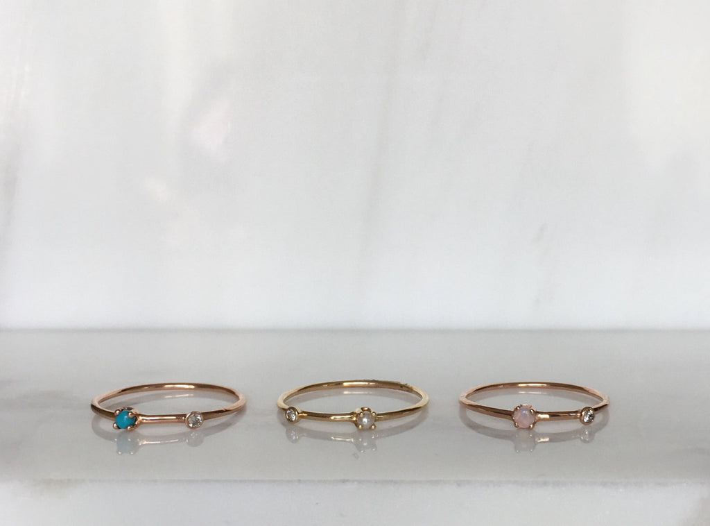Opal Duet Ring (Small), 14k Diamond and opal Ring, Mini opal Ring, Two Stone Band, Stacking Bands, Stacking Rings, 14k Gold Band
