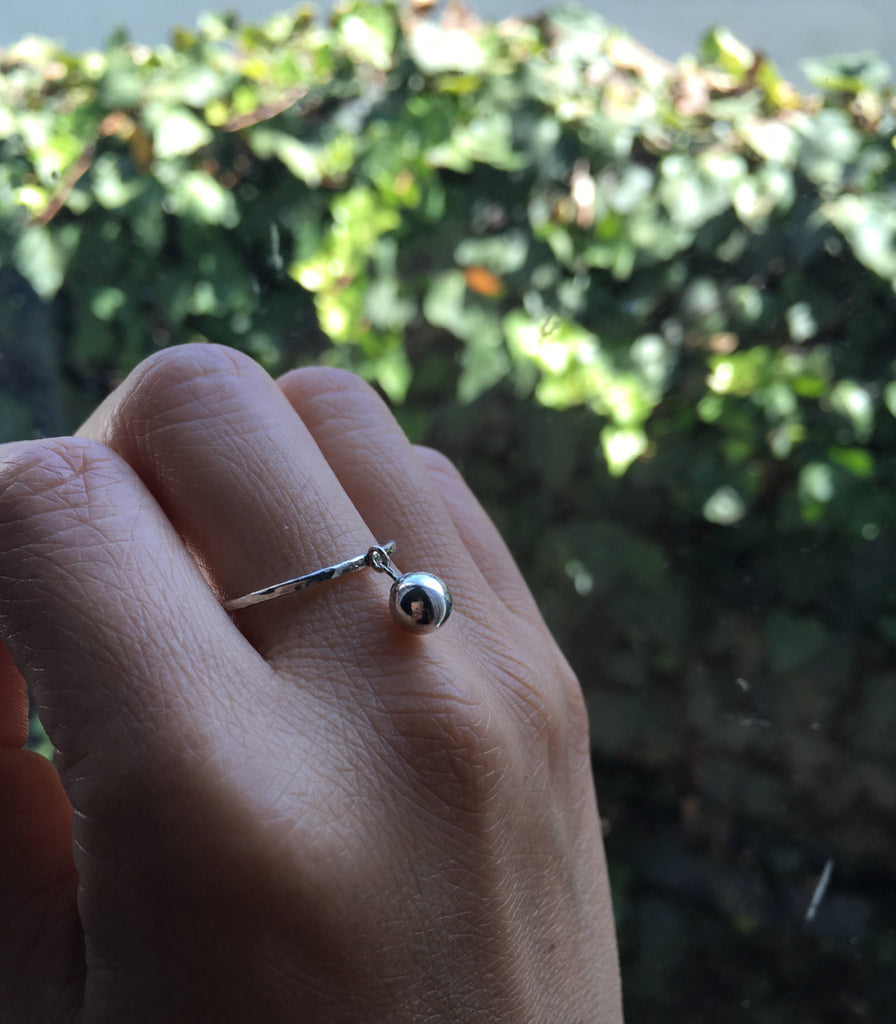 Silver Ball Charm ring, hanging ball ring, silver drop ring, charm ring, dangling ball ring