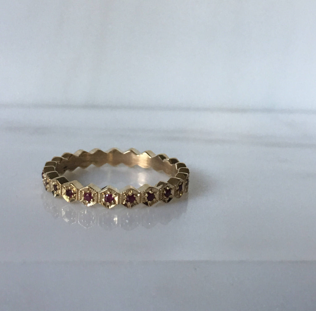 Hexagon Ruby Eternity Band, stacking band, wedding band, gold infinity Geometric ring with rubies, ruby infinity band, ruby wedding band