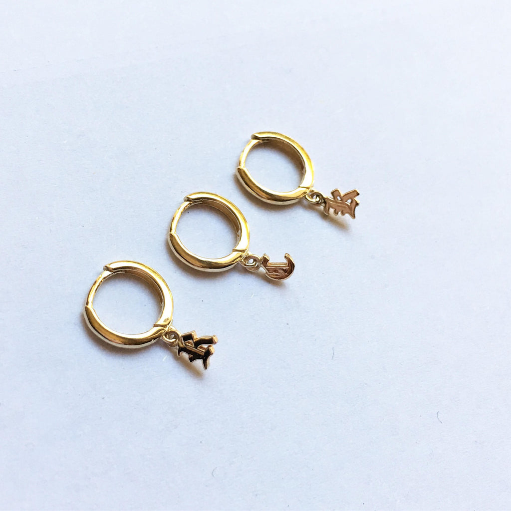 14K Old English Initial hoop Earring, Gold Old English Letter small hoop, Single charm hoop, Initial Earring, Initial hoop, 14k gold hoop
