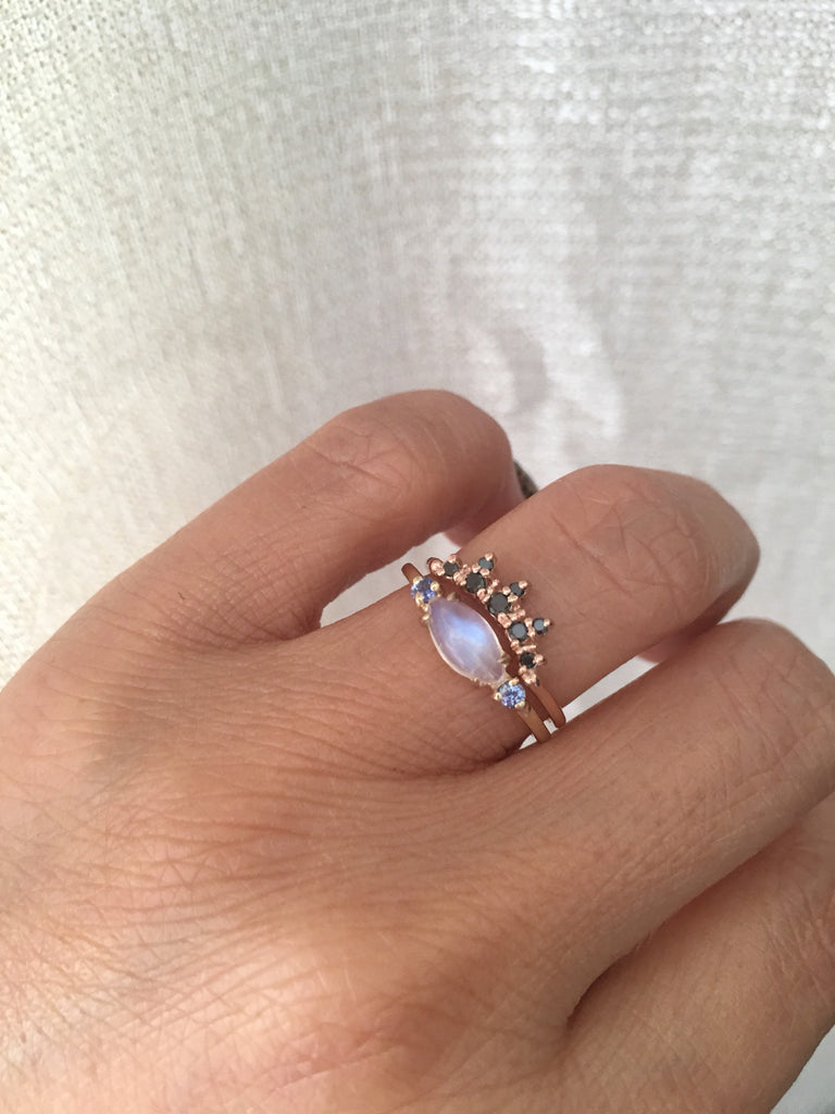 Twiggy Moonstone Ring, sleek marquise moonstone ring, 3 stone ring, marquise moonstone and sapphire ring, 14k gold moonstone ring