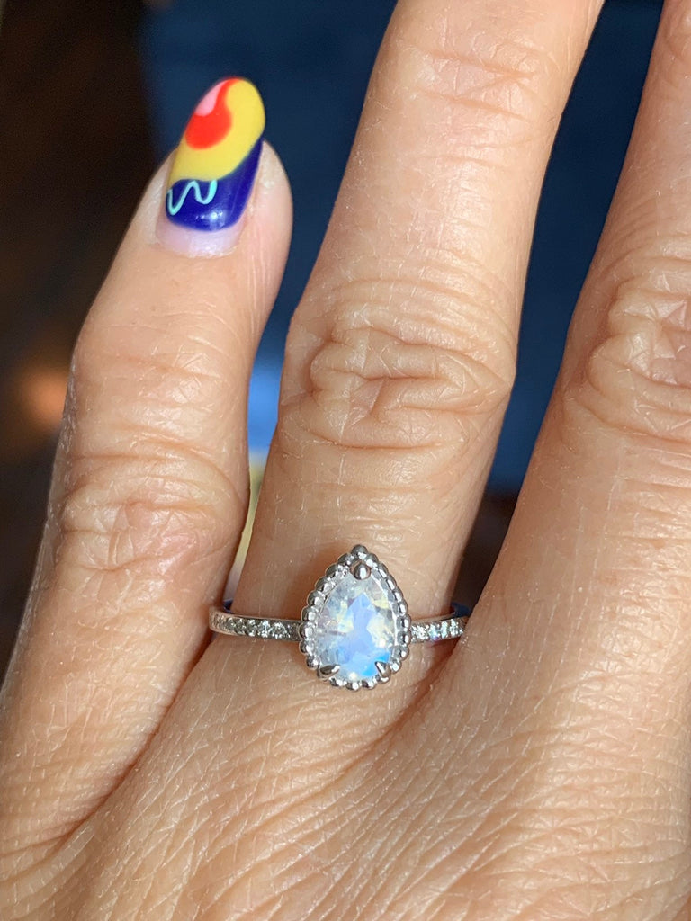 Ava Diamond moonstone ring, rainbow Moonstone halo ring, gold solitaire ring, pear moonstone ring, 14k gold moonstone prong engagement ring