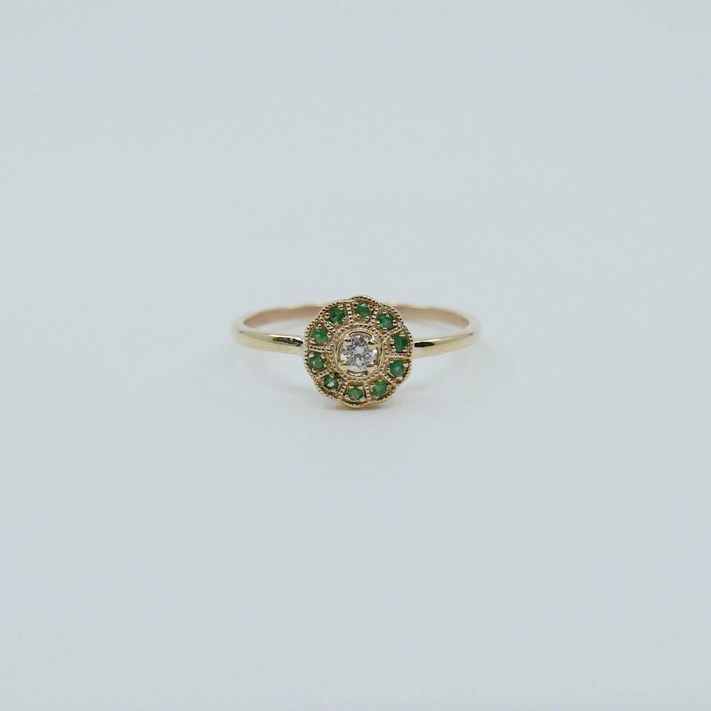 Flora emerald and diamond center ring, emerald ring w diamonds, emerald engagement ring, alternative engagement, birthstone ring