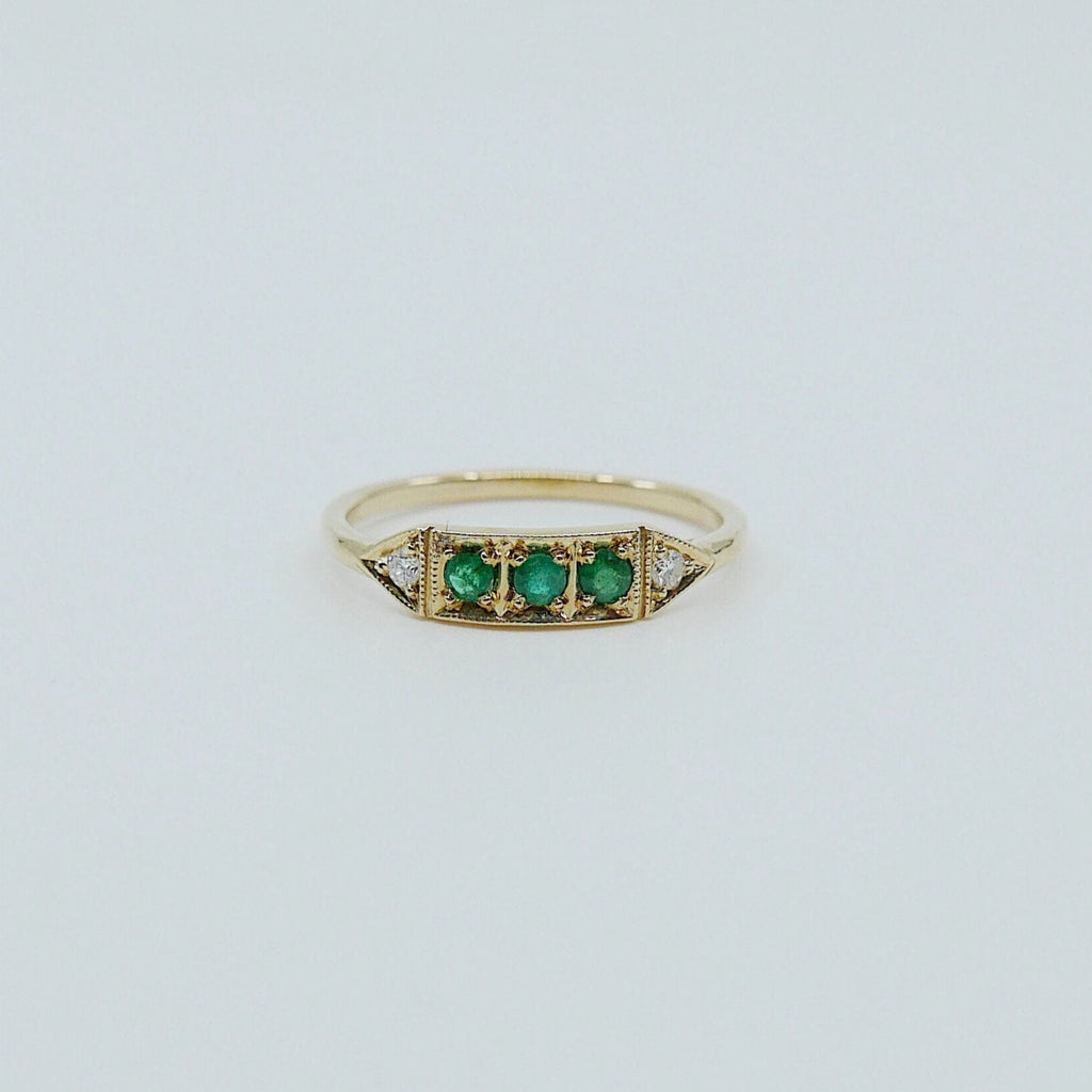 Ms. Goodbar Emerald ring, 14k Stacking ring, Diamond and emerald ring, Five stone ring, Diamond Bar ring, Emerald Bar ring, Dainty band
