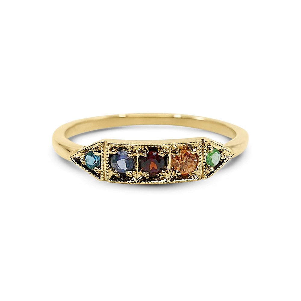 Ms. Goodbar LIGHT acrostic ring, 14k stacking ring, Light Blue Topaz, Iolite, Garnet, Hessontie Garnet, and Tsavorite ring, Five stone ring