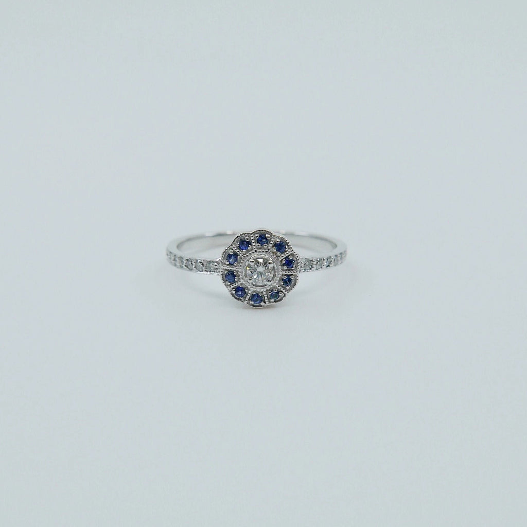 Flora Sapphire Half Pave Diamond ring, 14k Gold Sapphire Pave flower ring, 14k gold sapphire and diamond ring, alternative engagement ring
