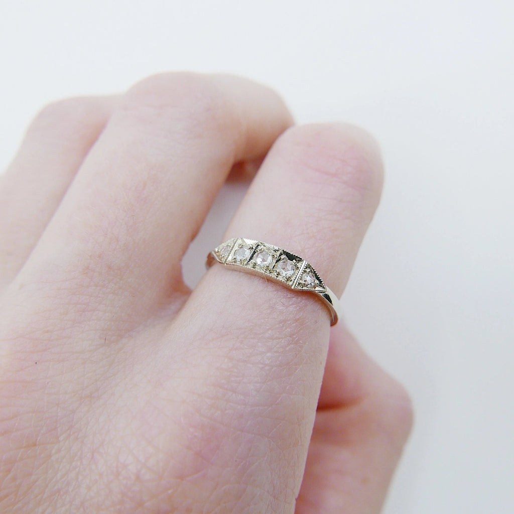 Ms. Goodbar Rose Cut Diamond ring, 14k Stacking ring, Rose Cut Diamond ring, Five stone ring, Diamond Bar ring, Vintage Inspired ring