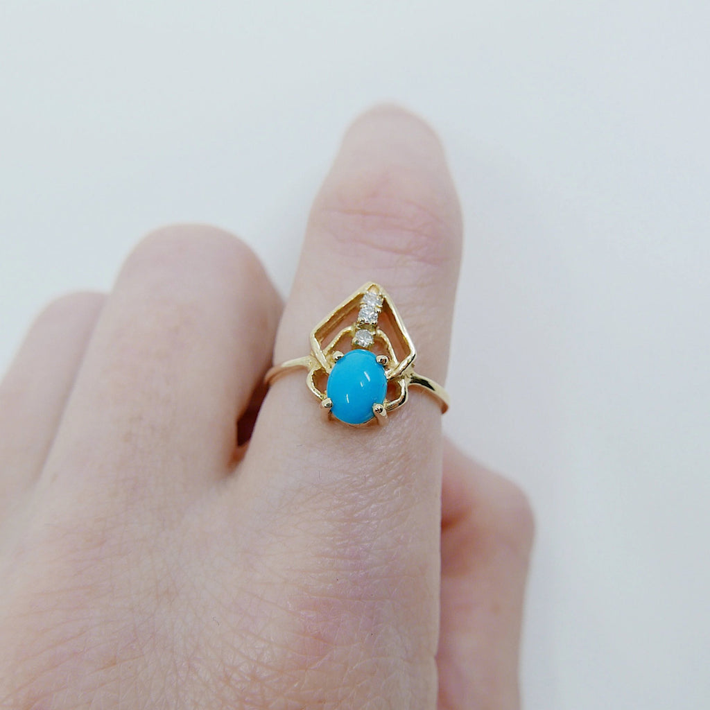 Turquoise Scarab ring, Oval turquoise diamond scarab ring, geometric turquoise ring, turquoise bug ring, 14k gold turquoise ring