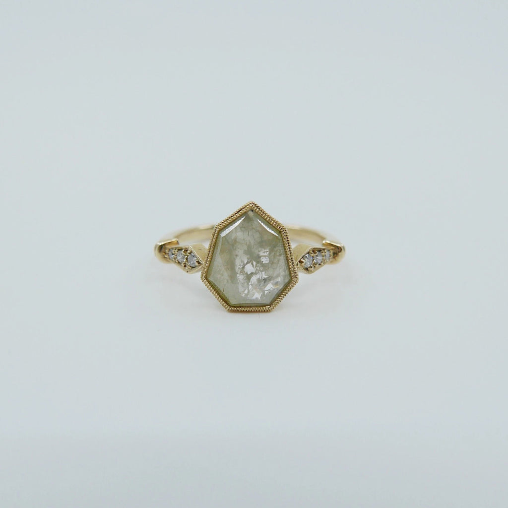 Shield rose cut grey diamond ring OOAK, Rustic gray diamond ring ooak, art deco ring with diamonds