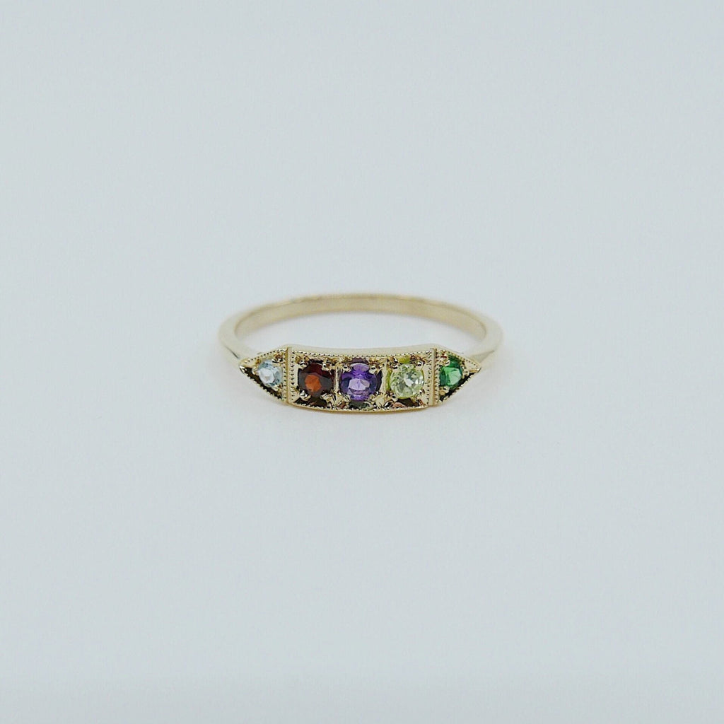 Ms. Goodbar AGAPE acrostic ring, 14k stacking ring, Aquamarine, Garnet, Amethyst, Peridot, and Emerald ring, engagement ring, acrostic ring