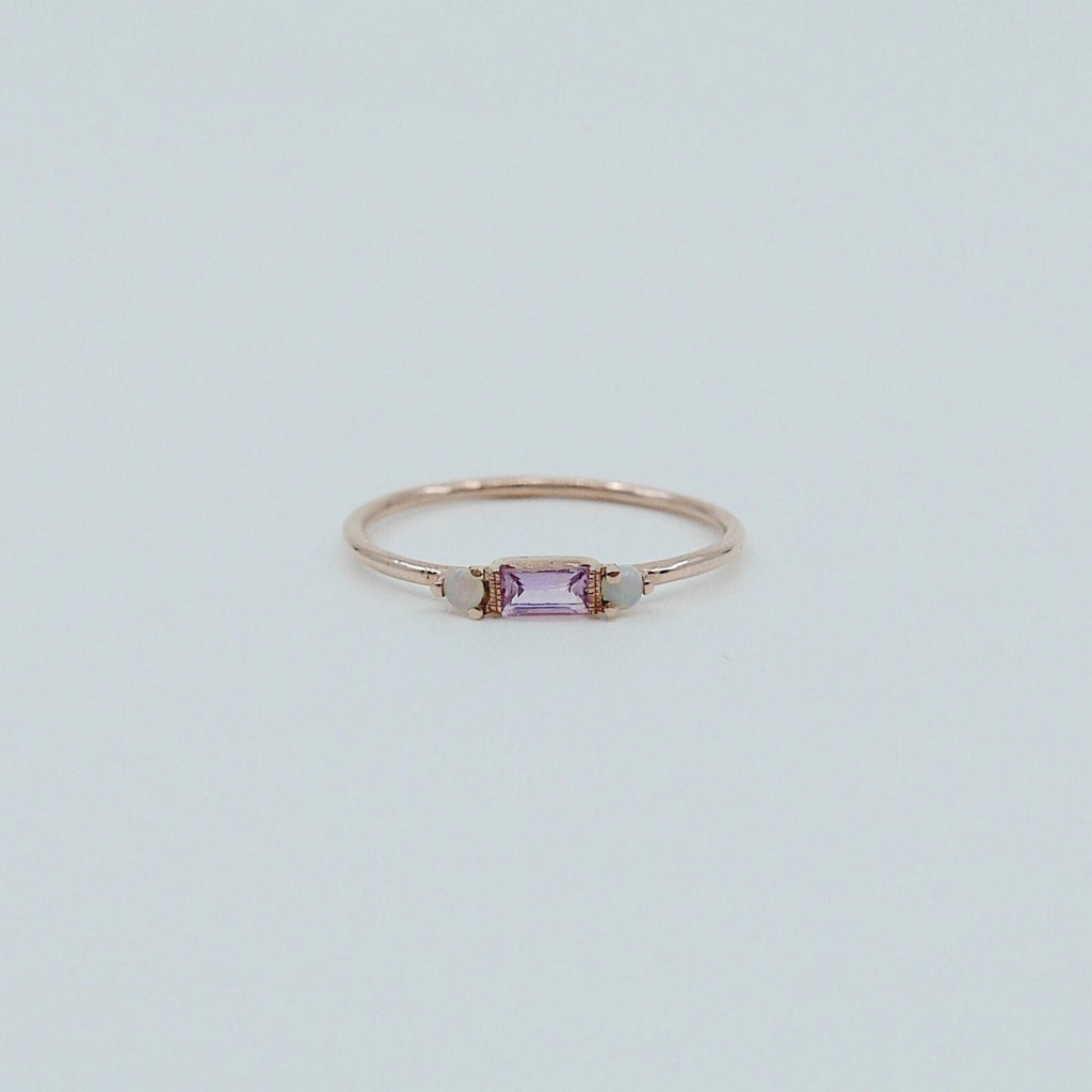 Limited Edition - Grand Baguette Sapphire Opal ring, 14k Stacking sapphire baguette ring, Three stone ring, Sapphire opal stacking ring