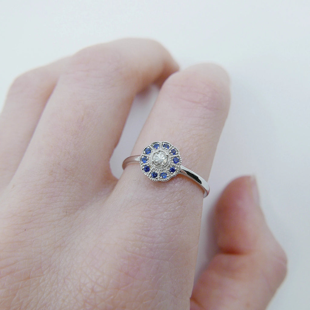 Flora Sapphire ring, 14k Gold Sapphire flower ring, 14k gold sapphire and diamond ring, alternative engagement ring