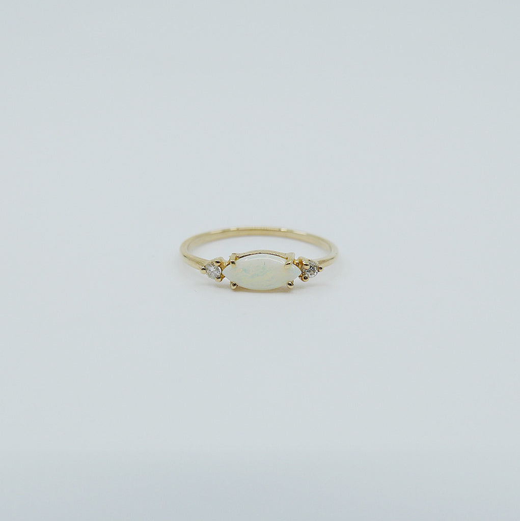 Twiggy ring, Sleek marquis opal ring, three stone ring, marquise opal and diamond ring, 14k gold opal ring