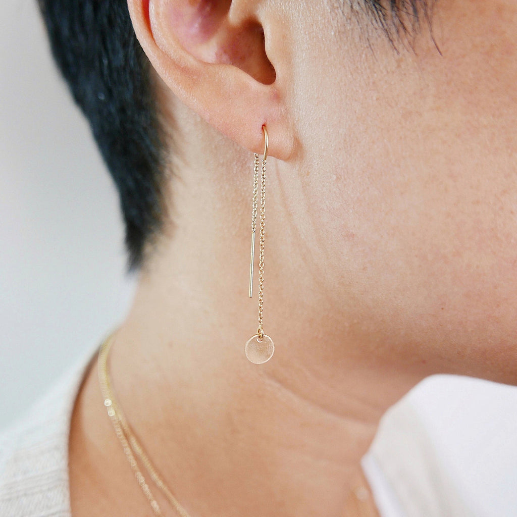 14k Solstice earrings, disc ear thread, 14k Gold disc earring, Circle ear thread, circle earring