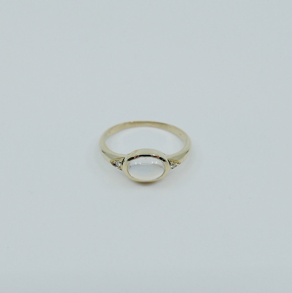 Moonstone Signet Ring, Moonstone cabochon ring, oval moonstone and diamond ring, 14k gold moonstone ring, oval bezel moonstone ring