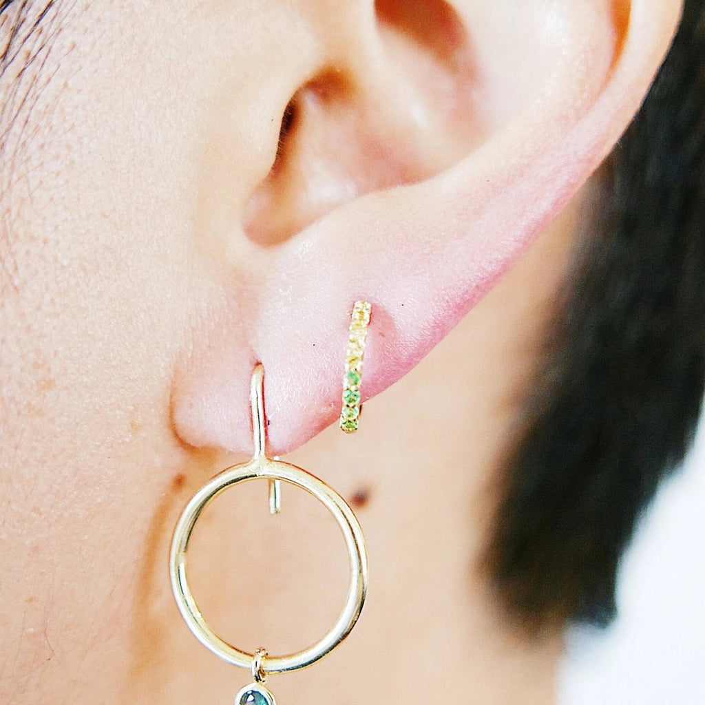 Mini Bi-Color Hoop Earring, Yellow Sapphire and Tsavorite Hoop Earring, Yellow and Green Earring, Bi-Color Hoop Earring
