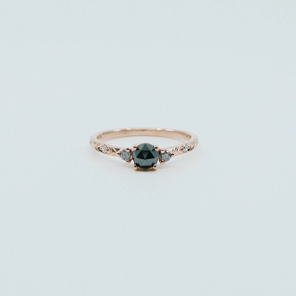 Clara Rose Cut Black Diamond Ring, alternative wedding ring, unique non traditional engagement ring, 14k stacking ring, white & grey diamond