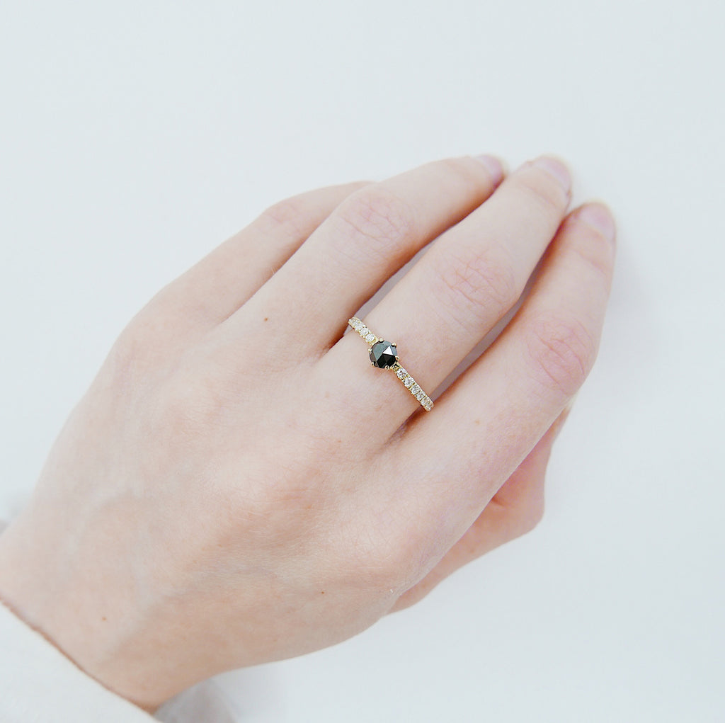 Rose Cut Black Diamond Ring, alternative wedding ring, unique non traditional engagement ring, 14k stacking ring, black & white diamonds