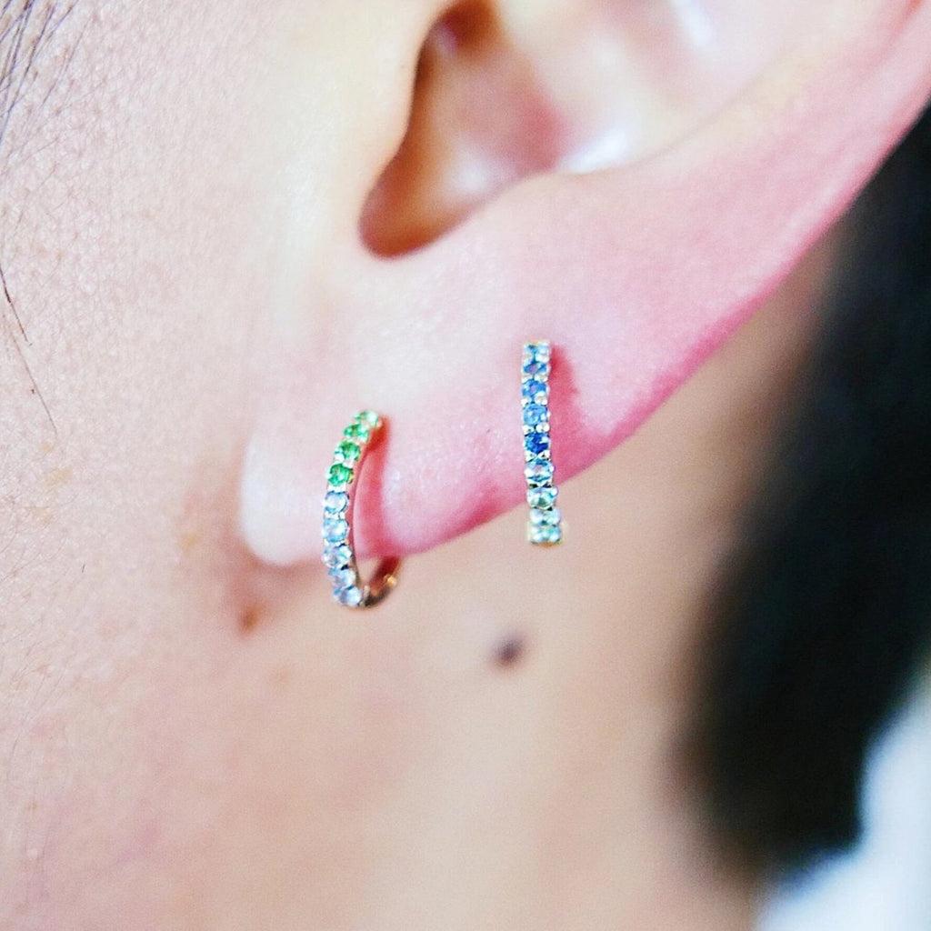 Mini Bi-Color Hoop Earring, Tsavorite and Aquamarine Hoop Earring, Green and Blue Hoop Earring, Bi-Color Hoop Earring