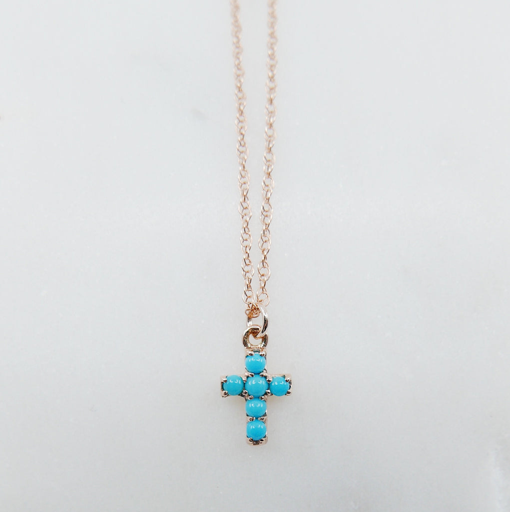 Cross Turquoise Necklace, 14k Gold Crucifix necklace, Small 14k cross necklace, Turquoise cross, Dainty gold cross necklace