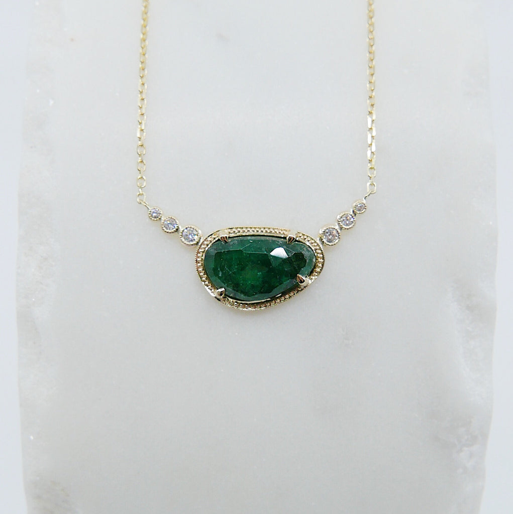 Ellipsis Emerald and Diamond Necklace, One of a kind unique gold emerald Necklace, green emerald Necklace, diamond necklace