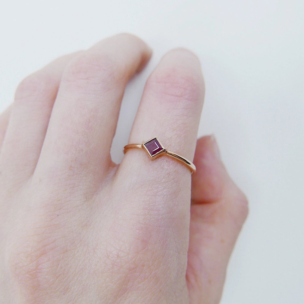 Square Bezel Ruby Ring, red ruby bezel ring, ruby stacking ring, ruby ring, square ruby ring, gold square band