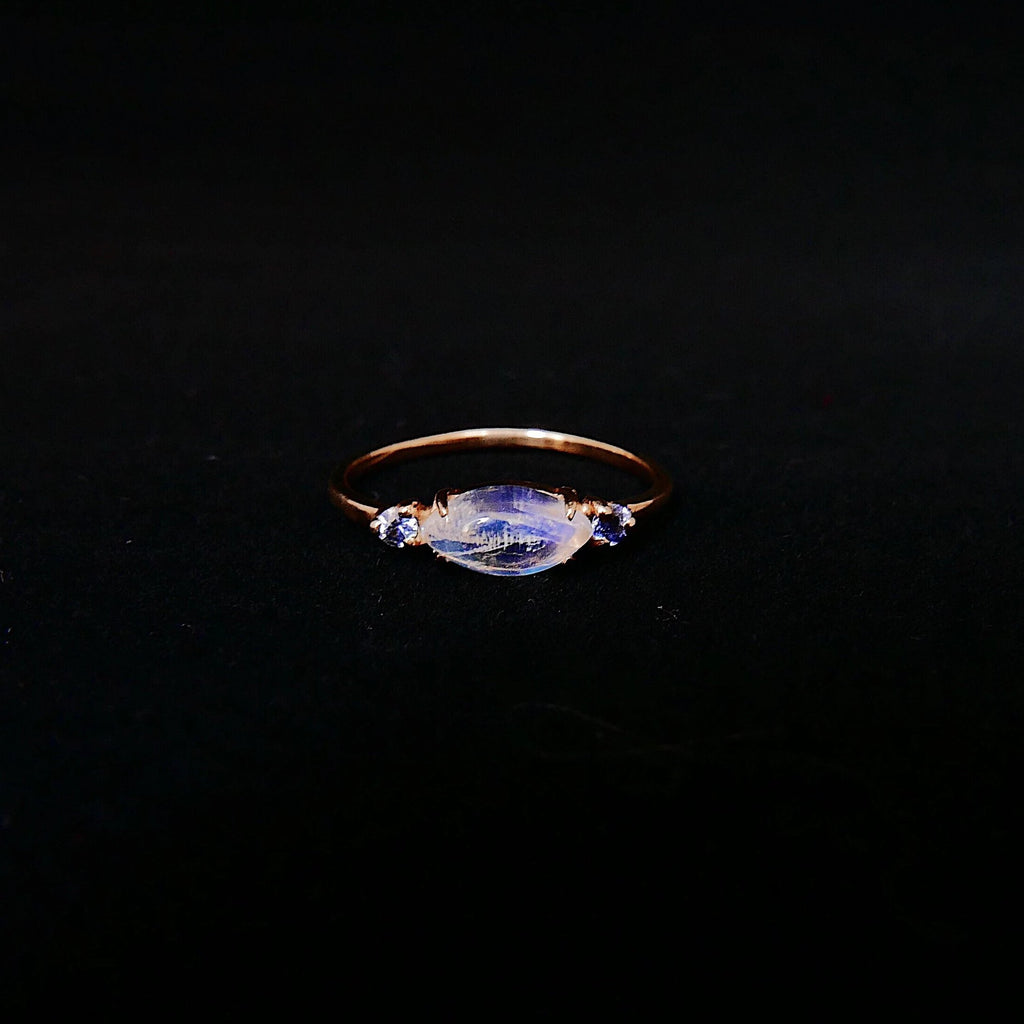 Twiggy Moonstone Ring, sleek marquise moonstone ring, 3 stone ring, marquise moonstone and sapphire ring, 14k gold moonstone ring