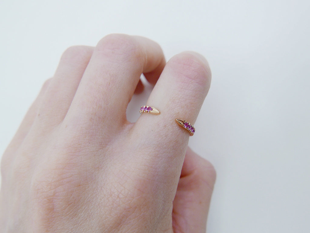 On Pointe ring, open grey diamond cuff ring, ruby ring, pink sapphire ring, pointed cuff ring, stacking ring, wedding band