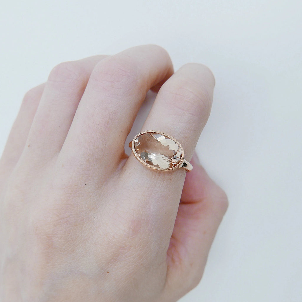 Oval Morganite Ring, rose gold morganite ring, Rose Cut Bezel ring, statement ring, fine jewelry ring, morganite oval rose cut ring