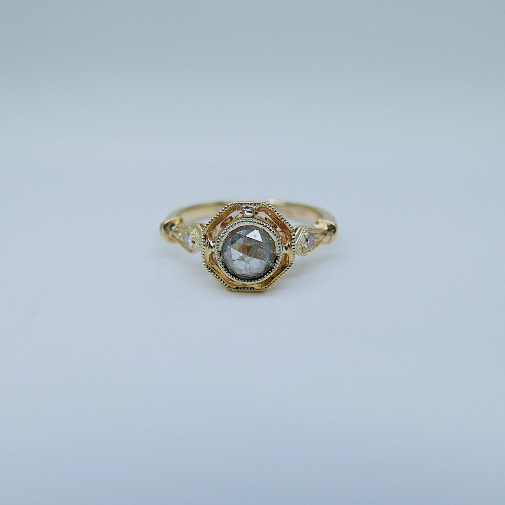Webbed Eloise Rose Cut Grey Diamond Ring, One of a Kind Ring, OOAK, 14k yellow gold ring, vintage inspired ring, rustic diamond ring