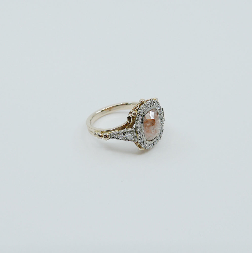 Countess Rose Cut Peach Diamond Ring, Two Tone 14k Yellow Gold & Palladium Ring, OOAK ring, unique engagement ring, rose cut diamond ring
