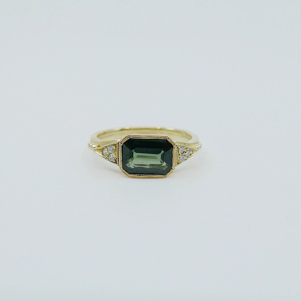 Inez Green Sapphire Ring, Sapphire and diamond ring, 14k gold green sapphire ring, sapphire ring, green sapphire ring