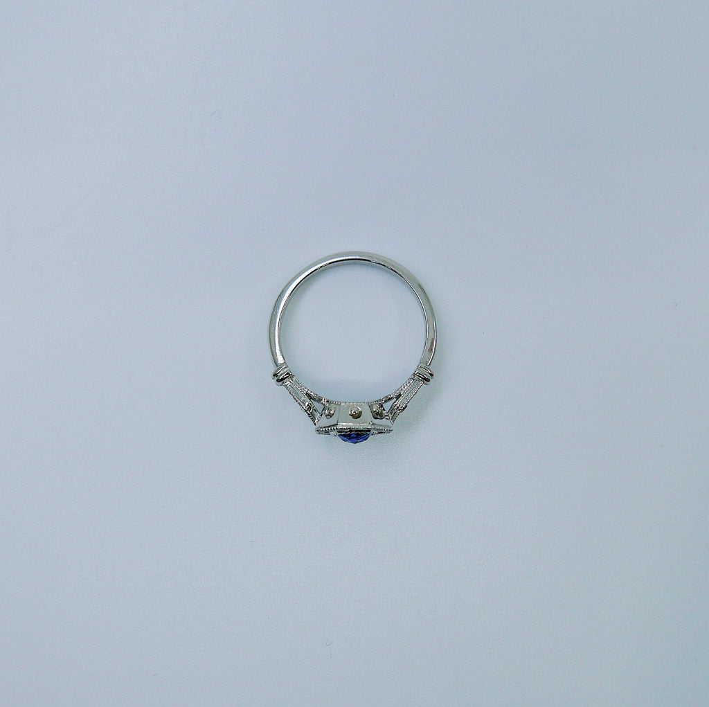 Compass Eloise Rose Cut Blue Sapphire Ring, Platinum ring, vintage inspired ring, sapphire and diamond ring