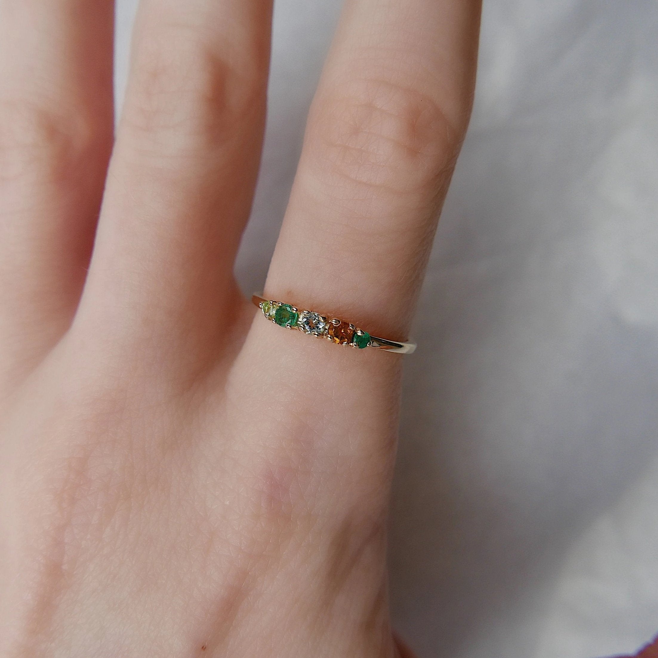 Riley PEACE Ring, Acrostic Ring, 5 stone gold ring, emerald and diamond ring, 14k gold emerald ring, emerald and diamond band