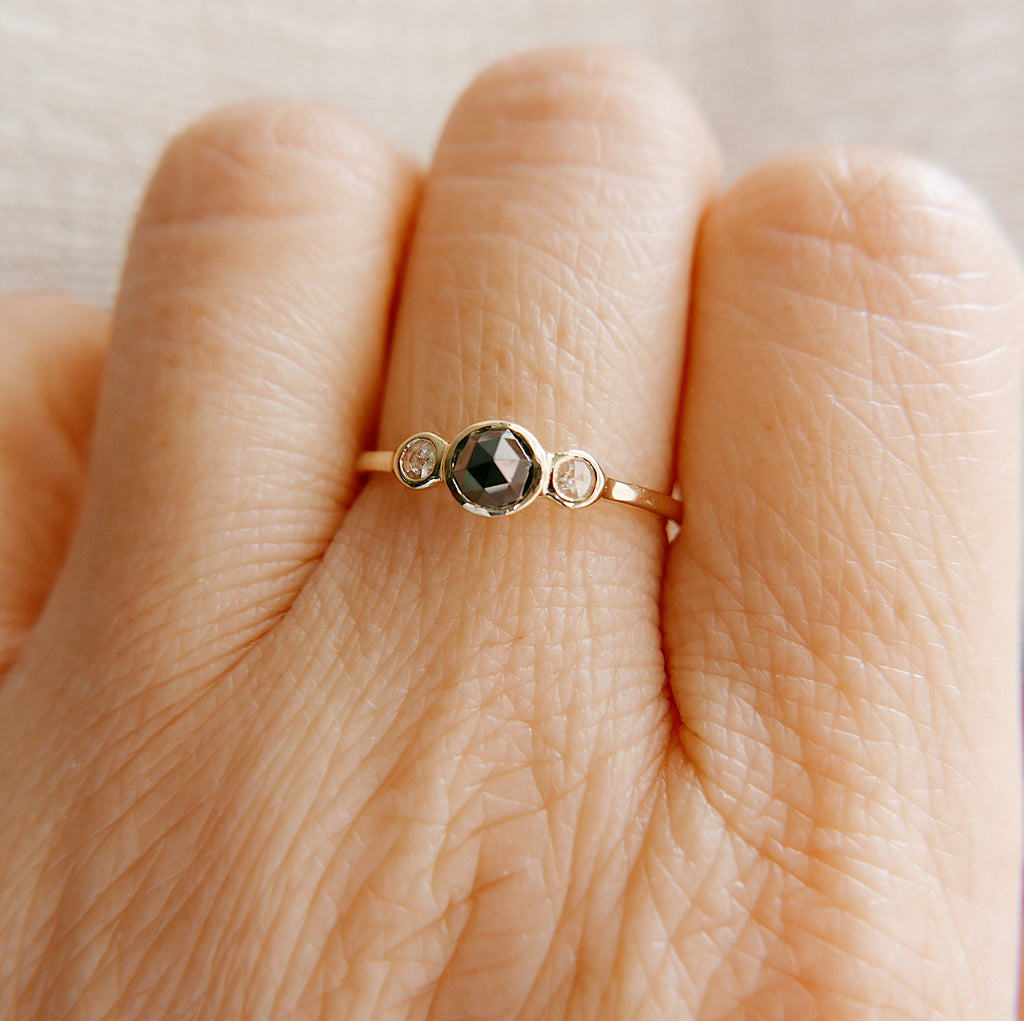 three stone ring  rosecut ring  rosecut diamond  rosecut band  Rings  minimalist  mgj  mason grace jewelry  mason grace  jewelry  gift  fine jewelry  engagement ring  diamond band  diamond  dainty ring  classic diamond ring  black diamond ring  birthstone ring