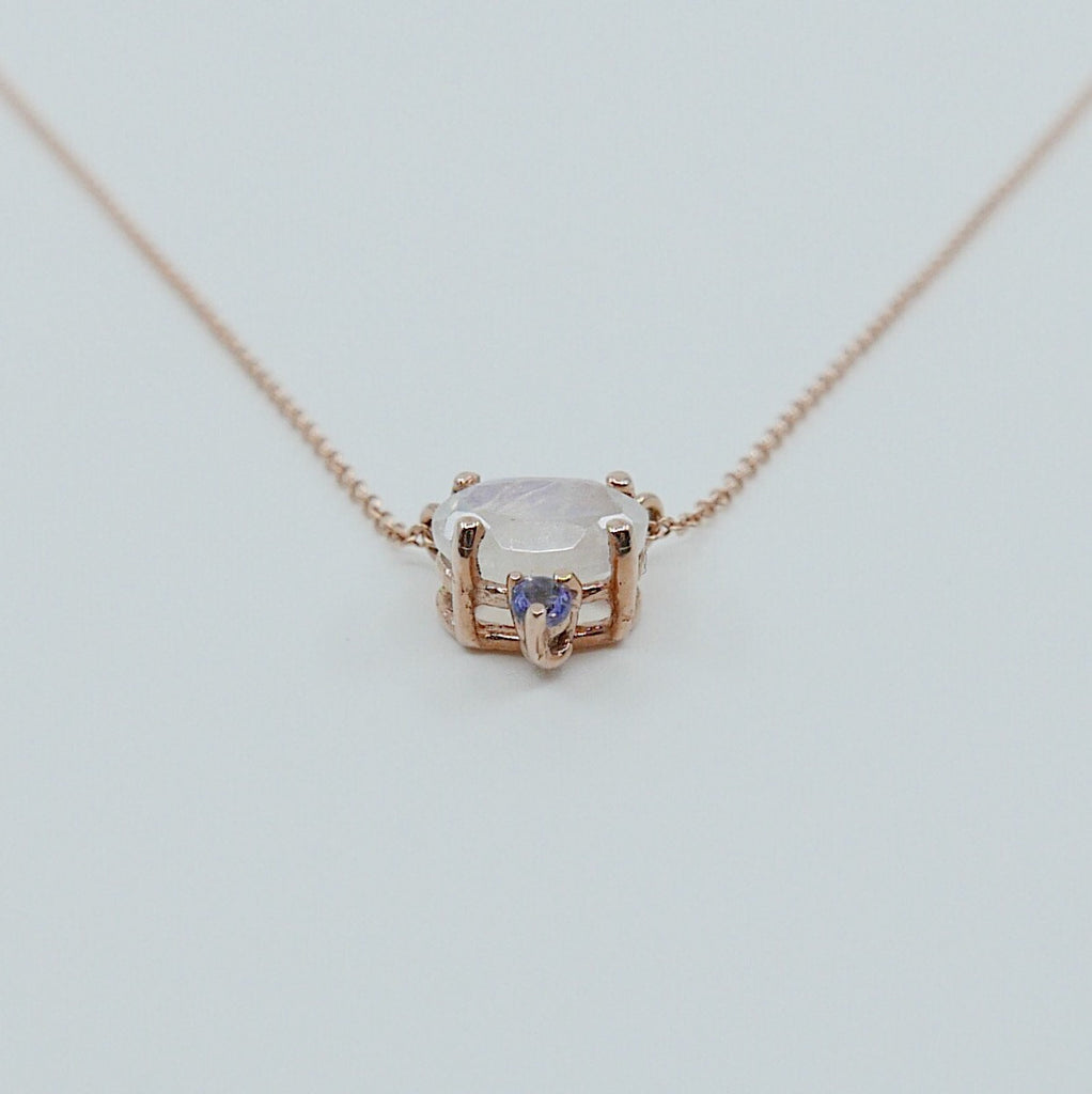 Nyla Moonstone Tanzanite Necklace, Oval moonstone and tanzanite necklace, two stone pendant necklace, prong set necklace