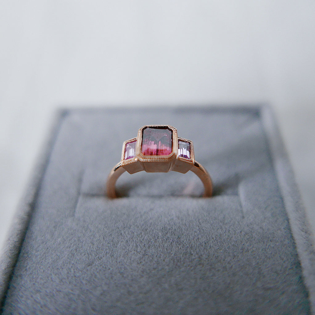 Charlotte Three Stone Tourmaline Ring, Tourmaline ring, tourmaline and sapphire ring, Pink stone wedding ring, classic engagement ring, ooak