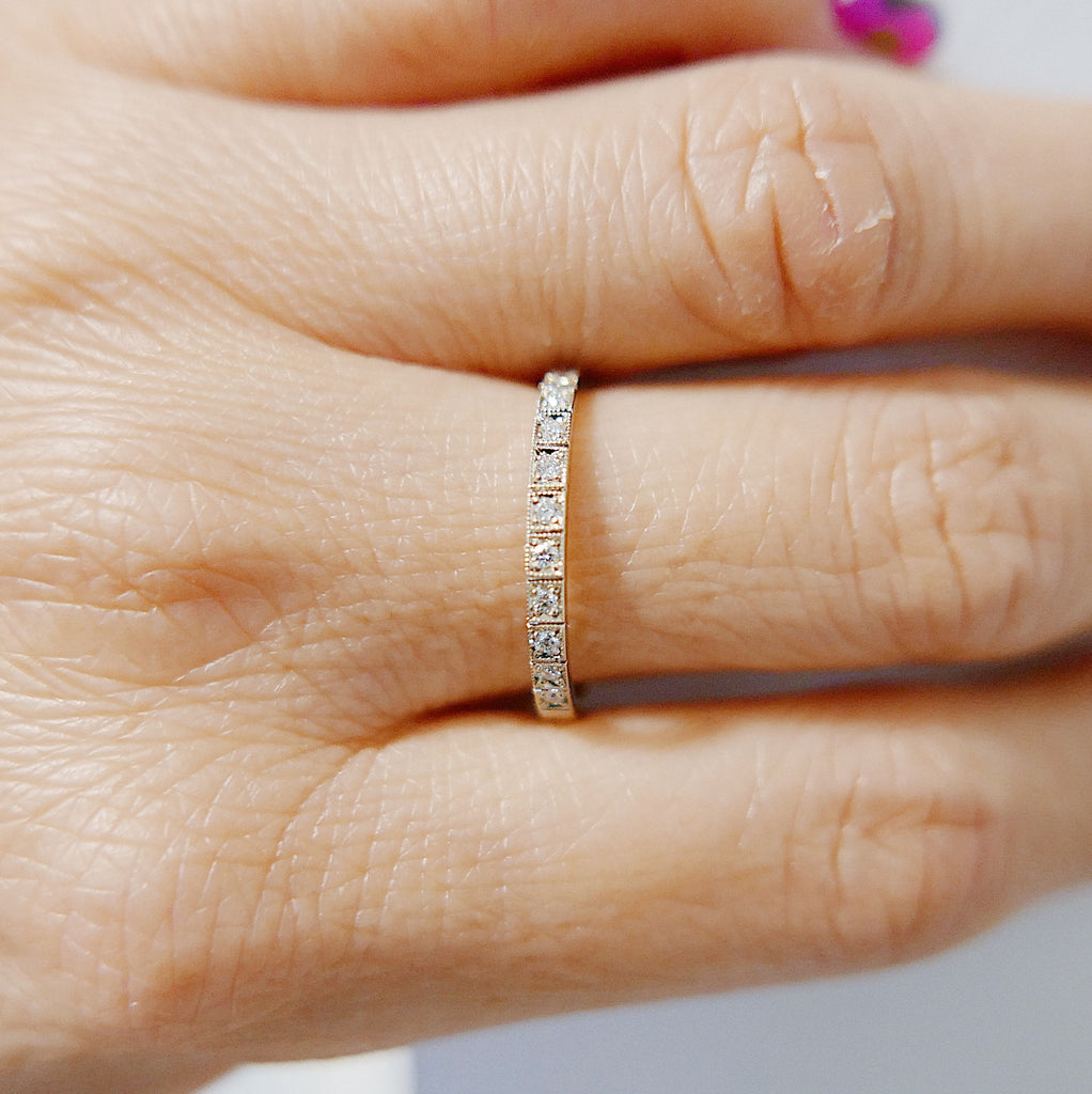 Requited Love Diamond Half Eternity Band, hand engraved diamond ring, wedding band, infinity Geometric ring, vintage inspired band