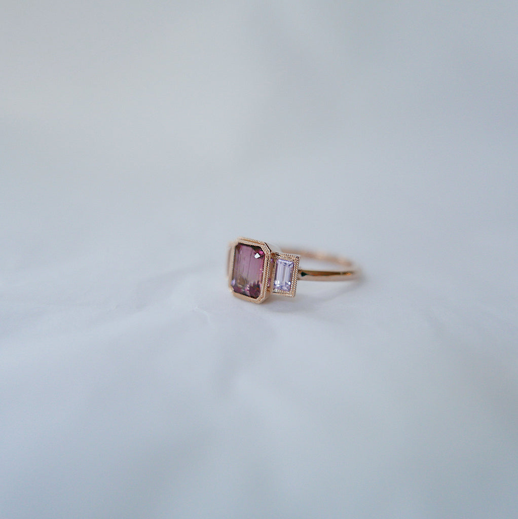 Charlotte Three Stone Tourmaline Ring, Tourmaline ring, tourmaline and sapphire ring, Pink stone wedding ring, classic engagement ring, ooak