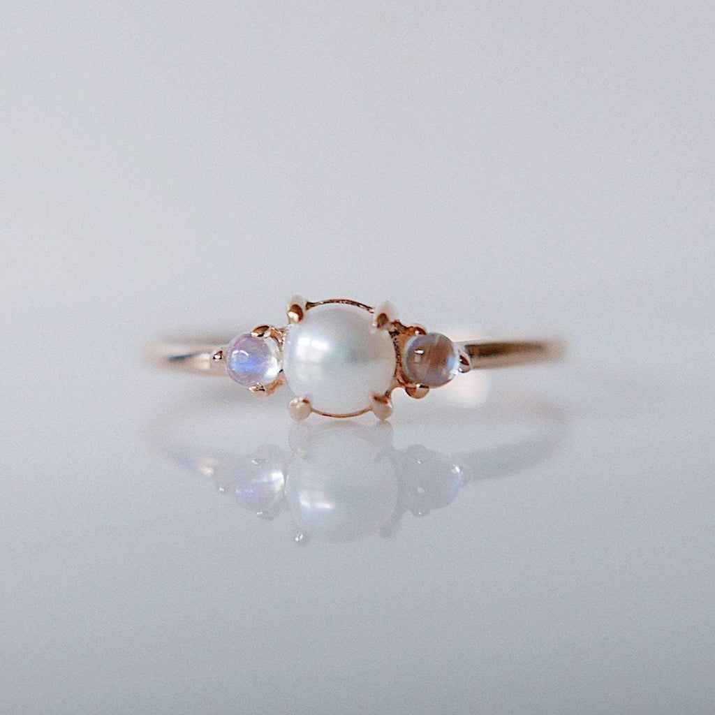 Penny Pearl three stone ring, three stone ring, pearl and moonstone ring, 14k gold pearl ring, 3 stone pearl ring, moonstone ring