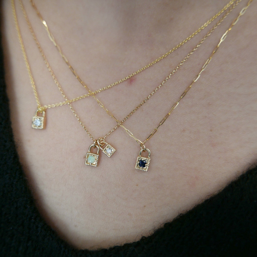 Birthstone lock charm necklace, birthstone pendant, lock pendant, new mom necklace, birthday necklace, family necklace