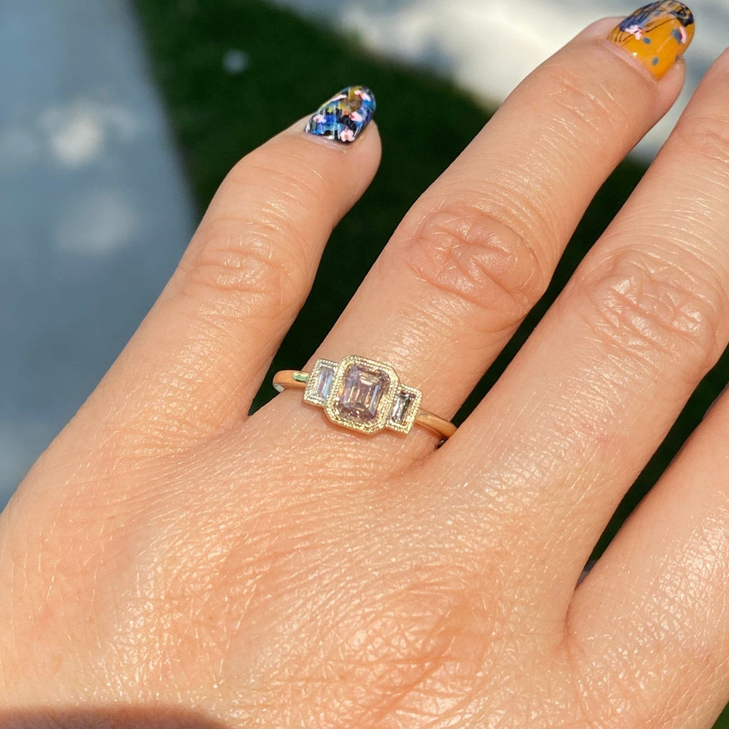 Charlotte Champagne Diamond Three Stone Ring, emerald cut bezel Diamond ring, 3 stone wedding ring, classic engagement ring
