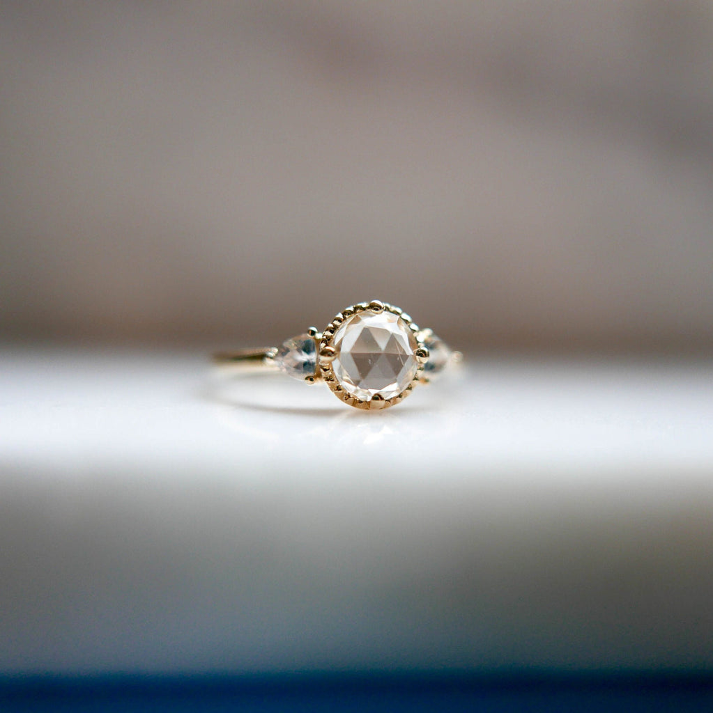 Bardot Rosecut White Sapphire Ring, 3 stone White Sapphire alternative engagement,  Classic Sapphire ring with trillions