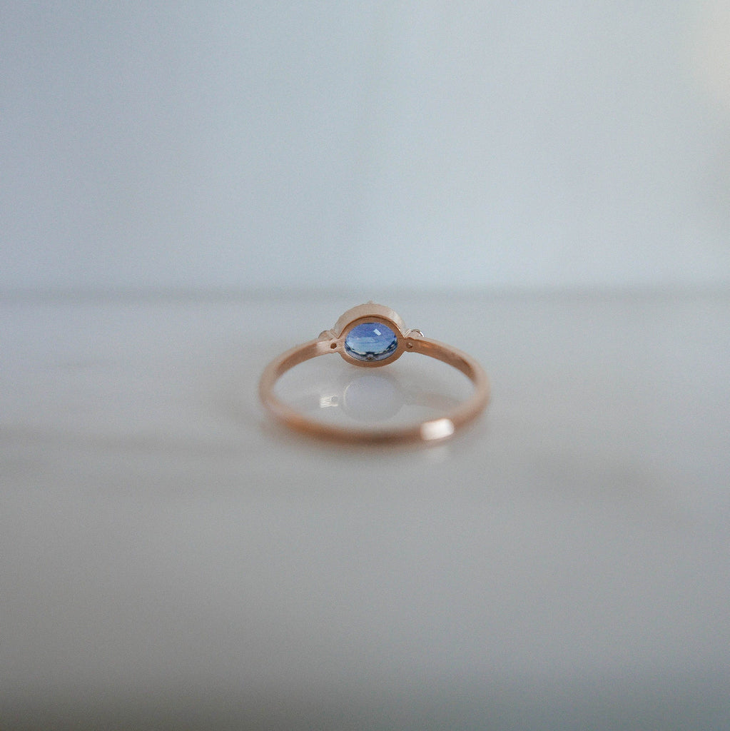 Azul Blue Sapphire Ring, 3 stone alternative wedding ring, unique non traditional engagement, 14k gold blue sapphire and Rosecutdiamond ring