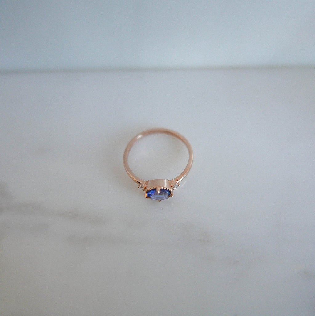 Azul Blue Sapphire Ring, 3 stone alternative wedding ring, unique non traditional engagement, 14k gold blue sapphire and Rosecutdiamond ring