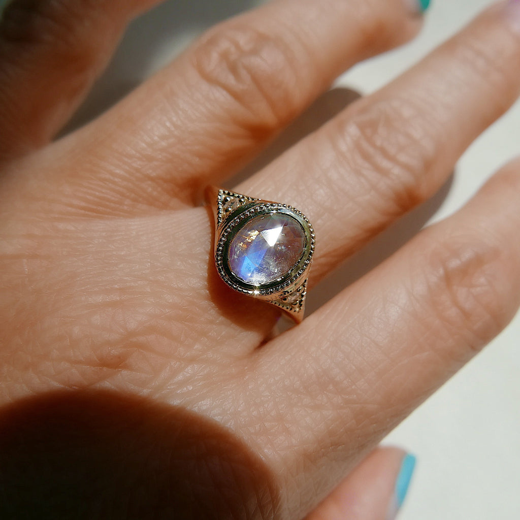 Enchantress Rosecut Moonstone Signet Ring, Rosecut Moonstone ring with Diamonds, Rosecut rainbow Moonstone statement ring with Tanzanites